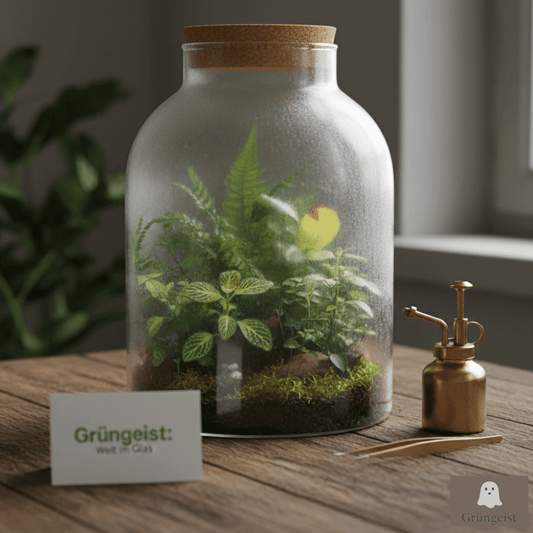 Ein beschlagener Flaschengarten mit Moos, Farnen und Fittonien steht auf einem Holztisch, daneben eine Messing-Sprühflasche und eine Pinzette.