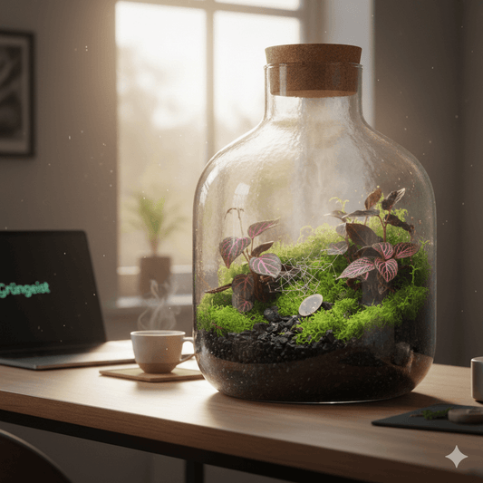 Moderner Flaschengarten im Homeoffice-Ambiente mit leuchtend grünen Moospolstern, pink geäderten Fittonia-Pflanzen und dunklem Substrat – Trend-Design 2026 von Grüngeist.