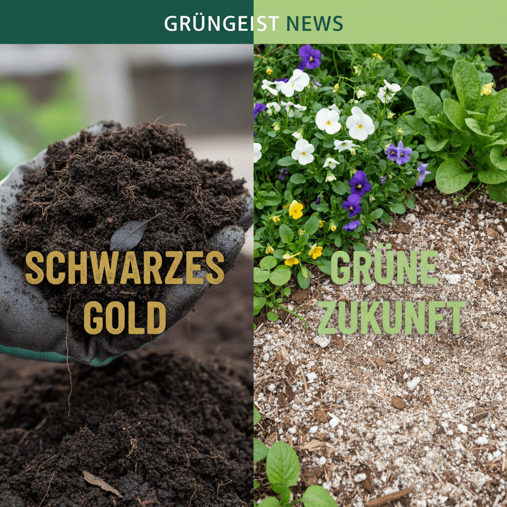 Hände halten dunkle, torfhaltige Erde links, während rechts eine helle, torffreie Erde mit jungen Pflanzen und bunten Blumen eine grüne Zukunft verspricht. Schriftzüge: "SCHWARZES GOLD" und "GRÜNE ZUKUNFT".