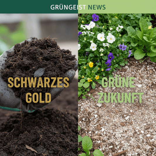 Hände halten dunkle, torfhaltige Erde links, während rechts eine helle, torffreie Erde mit jungen Pflanzen und bunten Blumen eine grüne Zukunft verspricht. Schriftzüge: "SCHWARZES GOLD" und "GRÜNE ZUKUNFT".