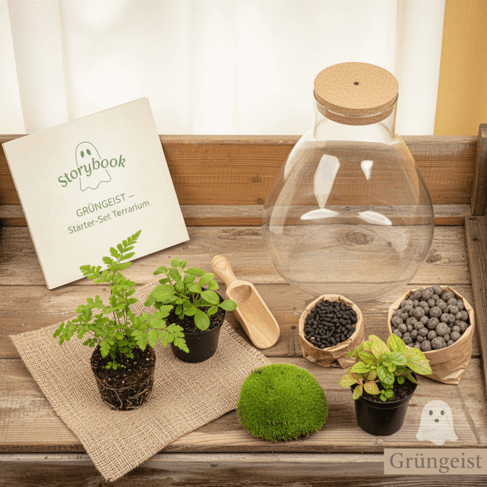 Ein Starter-Set für ein Flaschengarten-Terrarium von Grüngeist in der Draufsicht. Auf einem hellen Holztisch mit Leinentuch liegen ein leeres Glasgefäß, eine kleine Pflanze mit sichtbaren Wurzeln, ein Häufchen Erde und das 'Grüngeist Storybook'.
