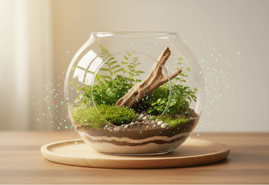 Ein ästhetisch arrangierter Flaschengarten in einem runden Glasgefäß steht auf einem hellen Holztablett. Im Flaschengarten befinden sich verschiedene Grünpflanzen, Moos und kleine Steine, zusammen mit einem Stück Treibholz. Sanftes, warmes Licht fällt von links oben auf das Arrangement. Um das Glasgefäß herum schweben kleine, leuchtende Punkte in zarten Türkis- und Mintgrüntönen, die eine magische Atmosphäre erzeugen. Der Hintergrund des Banners ist in einem sanften Creme (#F5F5DC) gehalten, der zum Designk